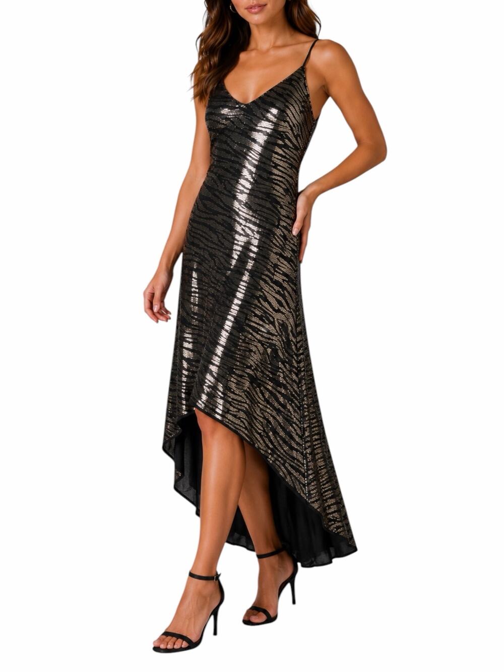 Black Halo Armelle Sequin High Lo Evening Gown Dress Golden Tiger